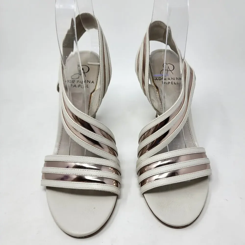 Adrianna Papell Edison Heel 6.5M Strappy Cream Leather Rose Gold Metallic Stripe